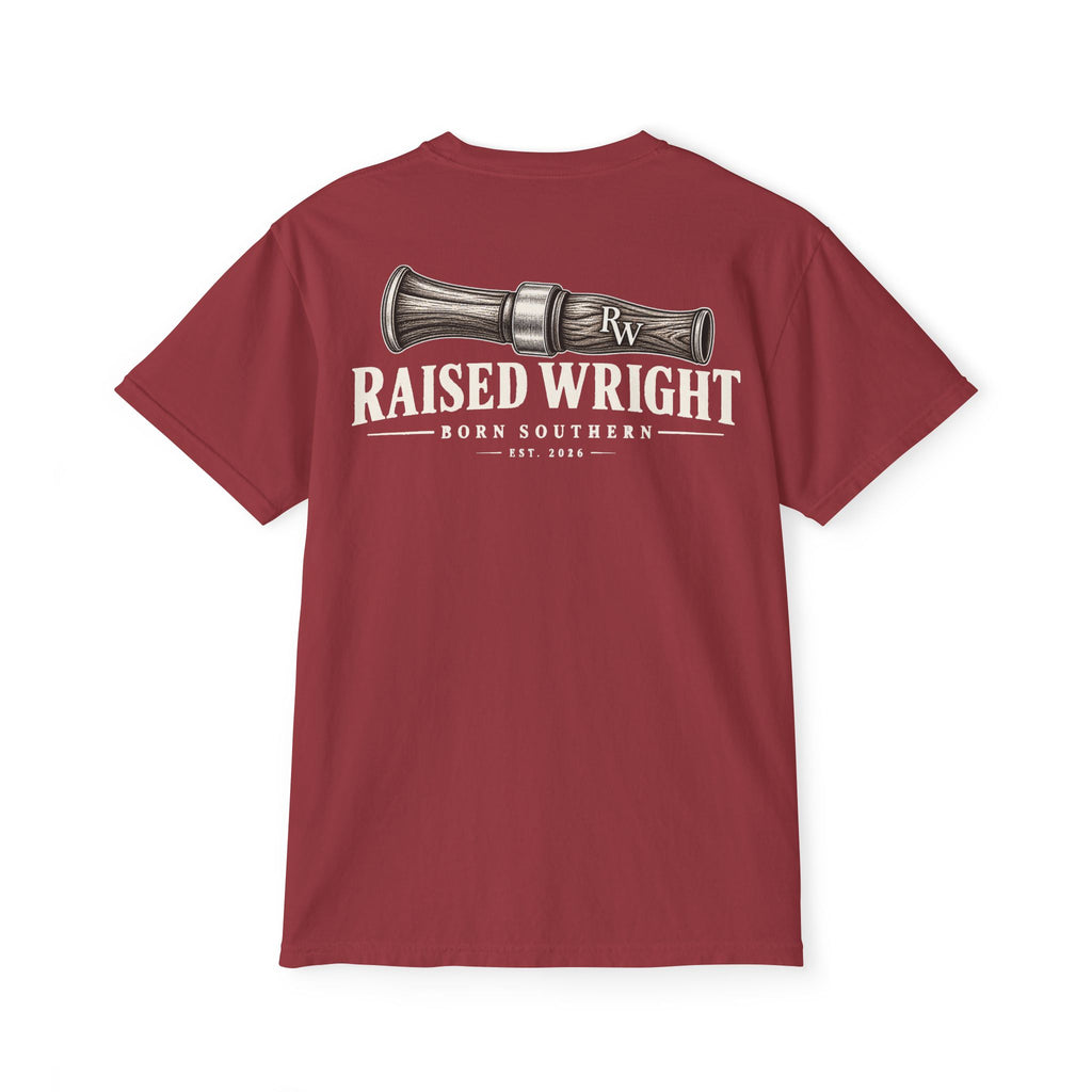 Raised Wright Duck Call Pocket T‑Shirt — Vintage Nautical Whistle Graphic