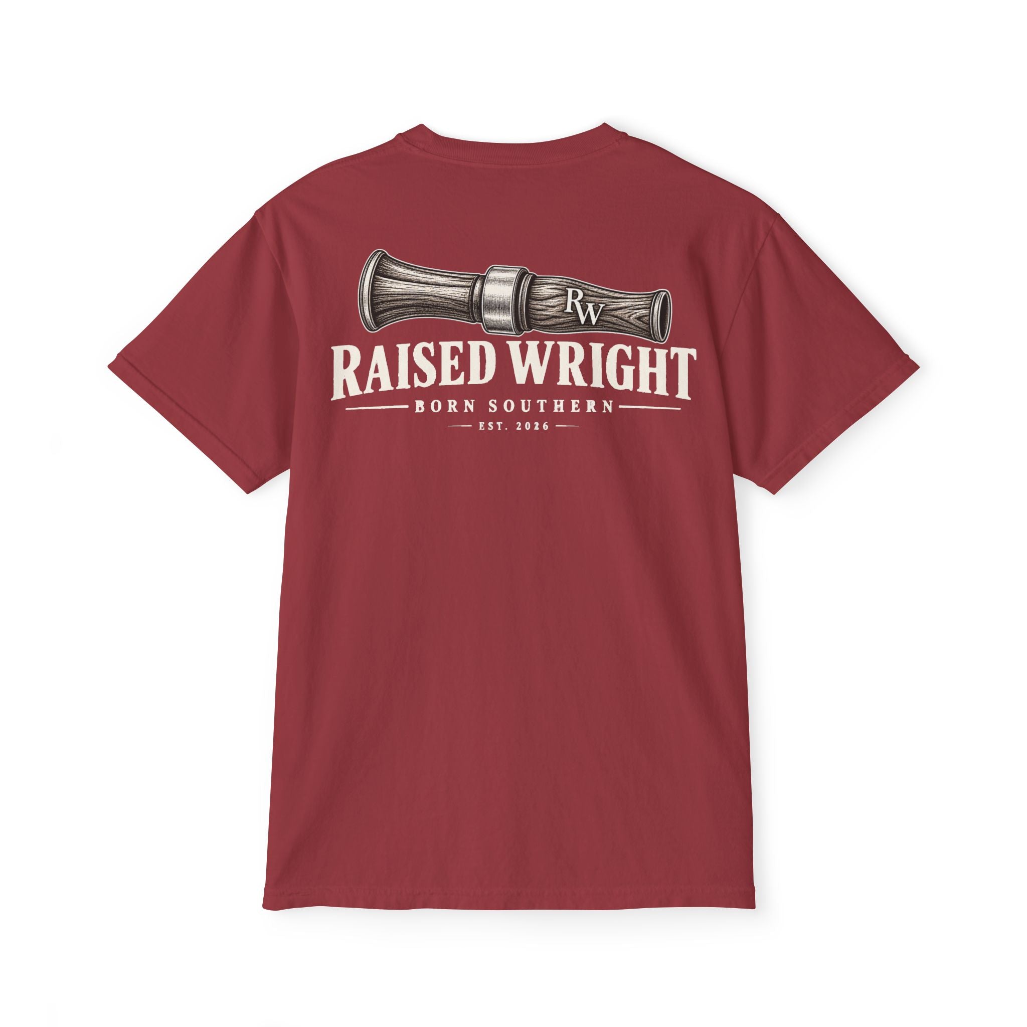 Raised Wright Duck Call Pocket T‑Shirt — Vintage Nautical Whistle Graphic