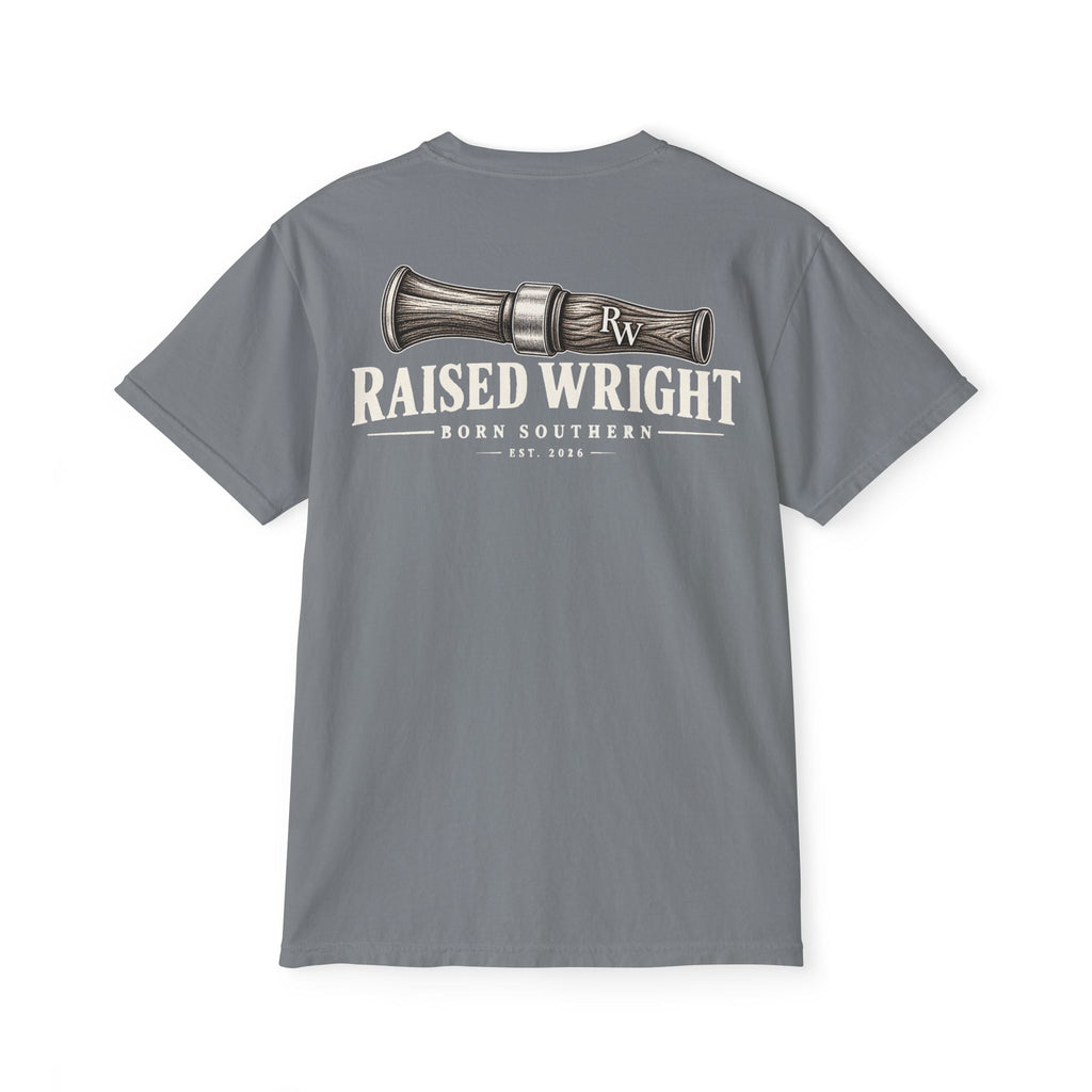 Raised Wright Duck Call Pocket T‑Shirt — Vintage Nautical Whistle Graphic