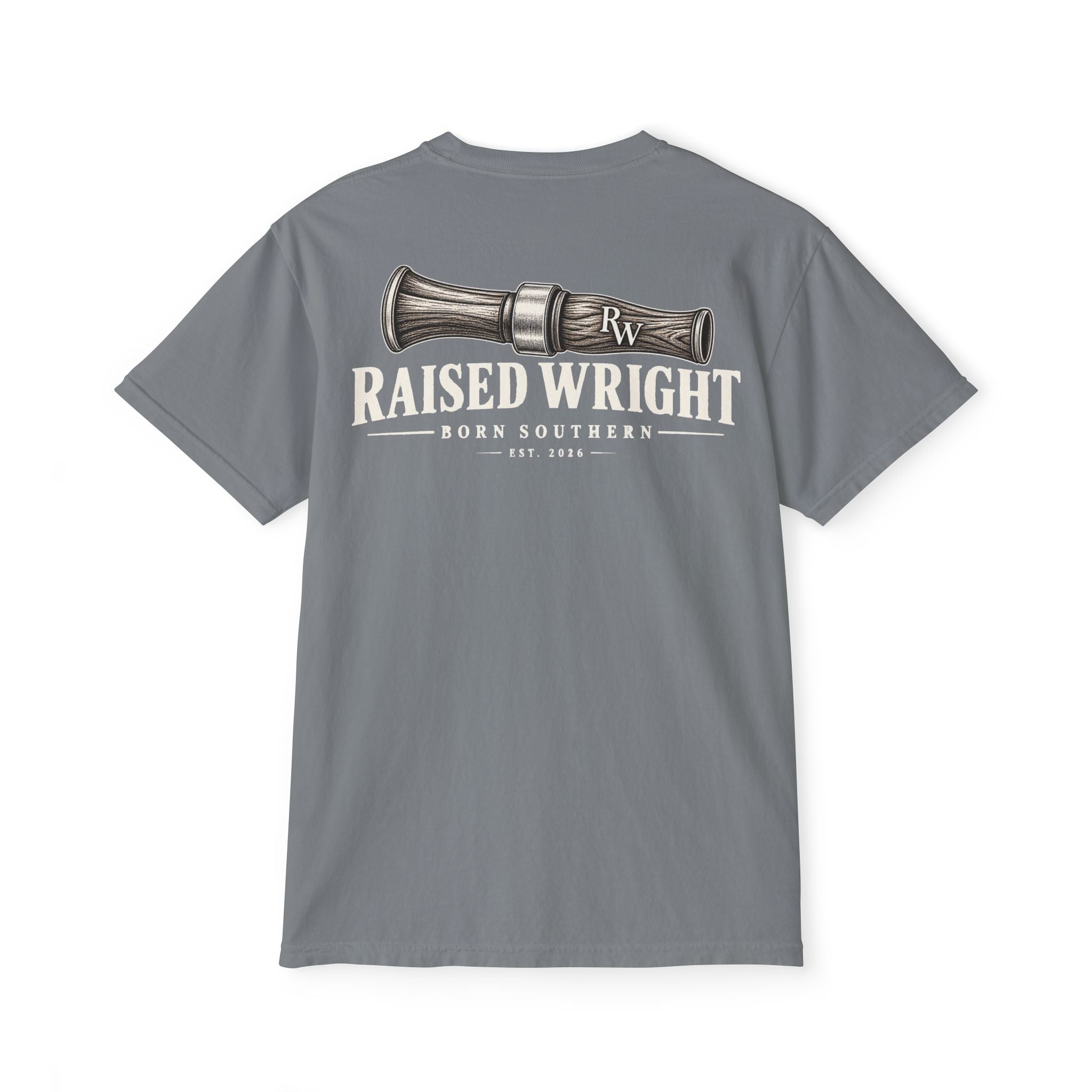 Raised Wright Duck Call Pocket T‑Shirt — Vintage Nautical Whistle Graphic