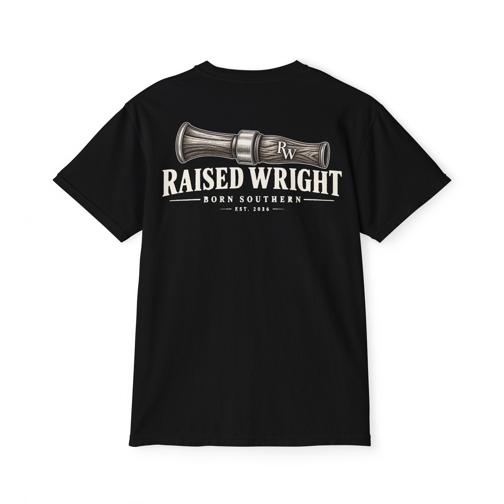 Raised Wright Duck Call Pocket T‑Shirt — Vintage Nautical Whistle Graphic
